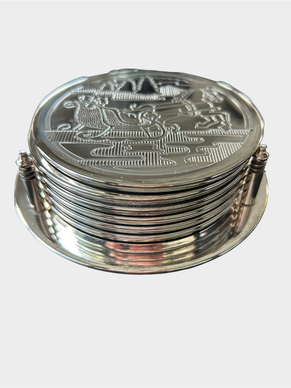 Vintage Godinger Silver Plated Engraved 7pc Coaster Set Winter Scene